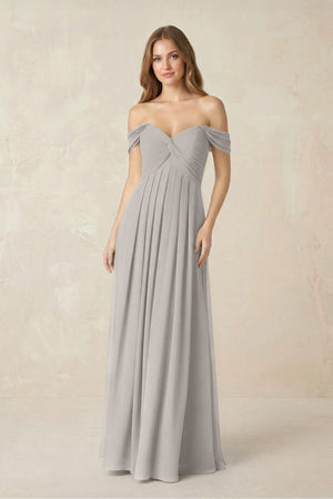 Off - the - Shoulder A - Line Chiffon Pleated Bridesmaid Dress in Silver - KISS BRIDAL Bridesmaid Dresses