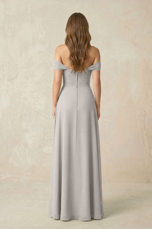Off - the - Shoulder A - Line Chiffon Pleated Bridesmaid Dress in Silver - KISS BRIDAL Bridesmaid Dresses