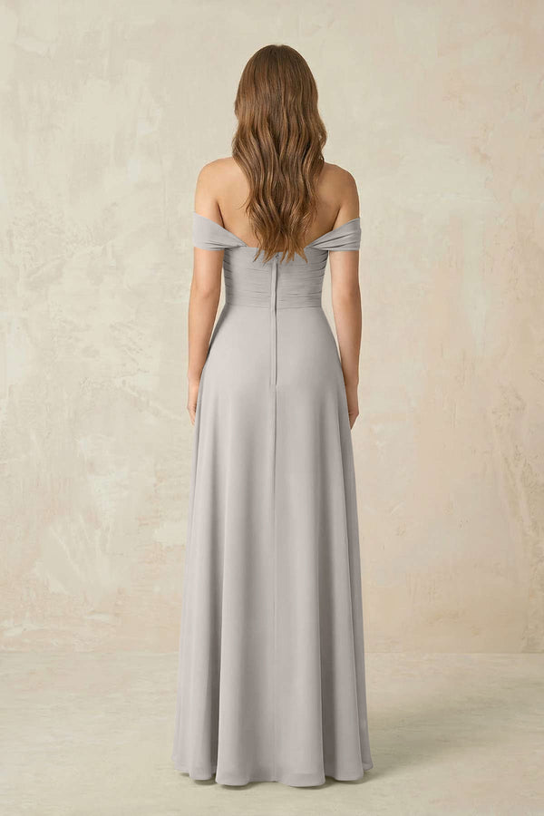 Off - the - Shoulder A - Line Chiffon Pleated Bridesmaid Dress in Silver - KISS BRIDAL Bridesmaid Dresses