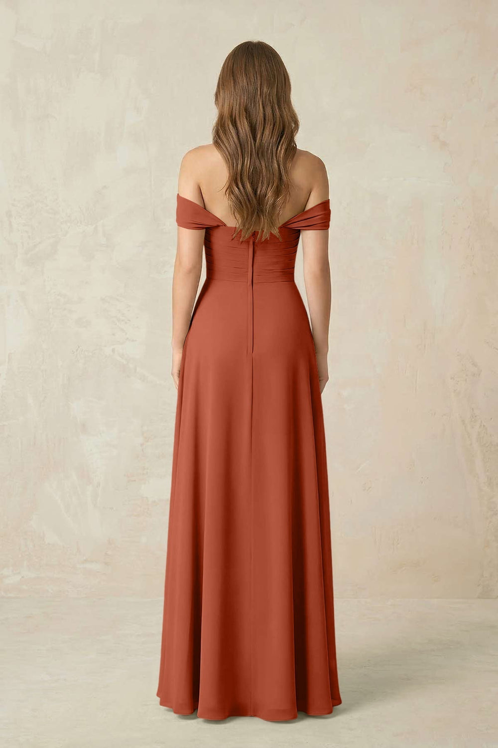 Off-the-Shoulder A-Line Chiffon Pleated Bridesmaid Dress in Spice