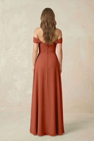 Off - the - Shoulder A - Line Chiffon Pleated Bridesmaid Dress in Spice - KISS BRIDAL Bridesmaid Dresses