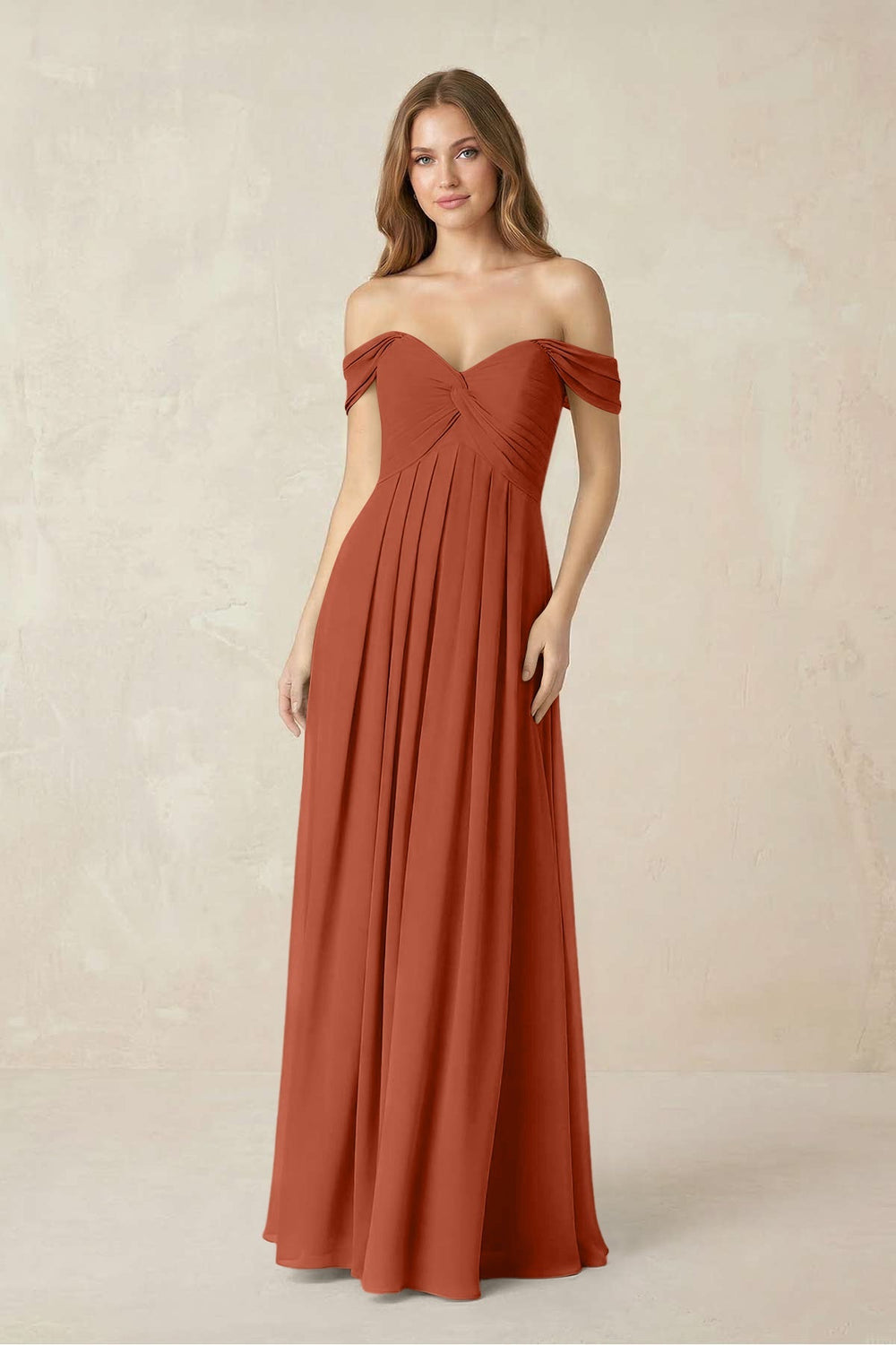 Off-the-Shoulder A-Line Chiffon Pleated Bridesmaid Dress in Spice