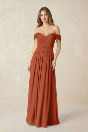 Off - the - Shoulder A - Line Chiffon Pleated Bridesmaid Dress in Spice - KISS BRIDAL Bridesmaid Dresses