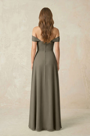 Off - the - Shoulder A - Line Chiffon Pleated Bridesmaid Dress in Willow Green - KISS BRIDAL Bridesmaid Dresses