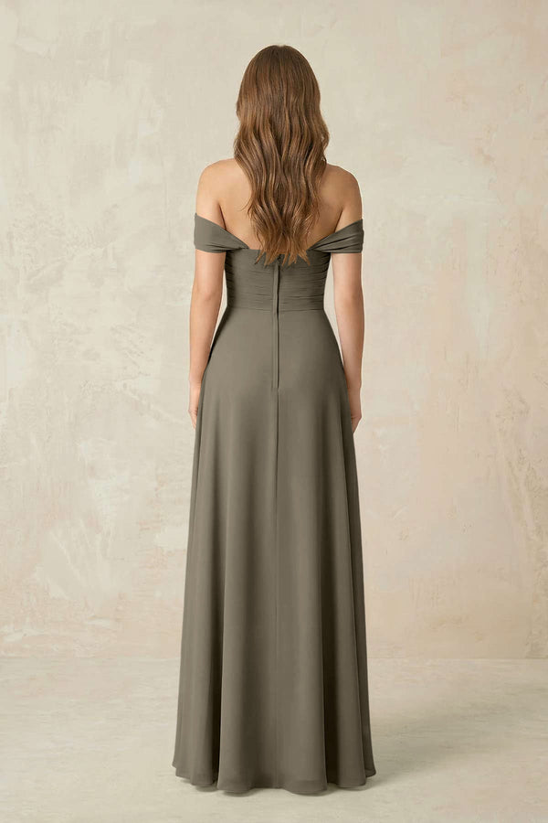 Off - the - Shoulder A - Line Chiffon Pleated Bridesmaid Dress in Willow Green - KISS BRIDAL Bridesmaid Dresses