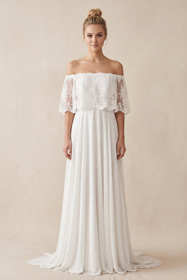 Off - the - Shoulder A - Line Chiffon Pleated Wedding Dress in White - KISS BRIDAL Wedding Dresses