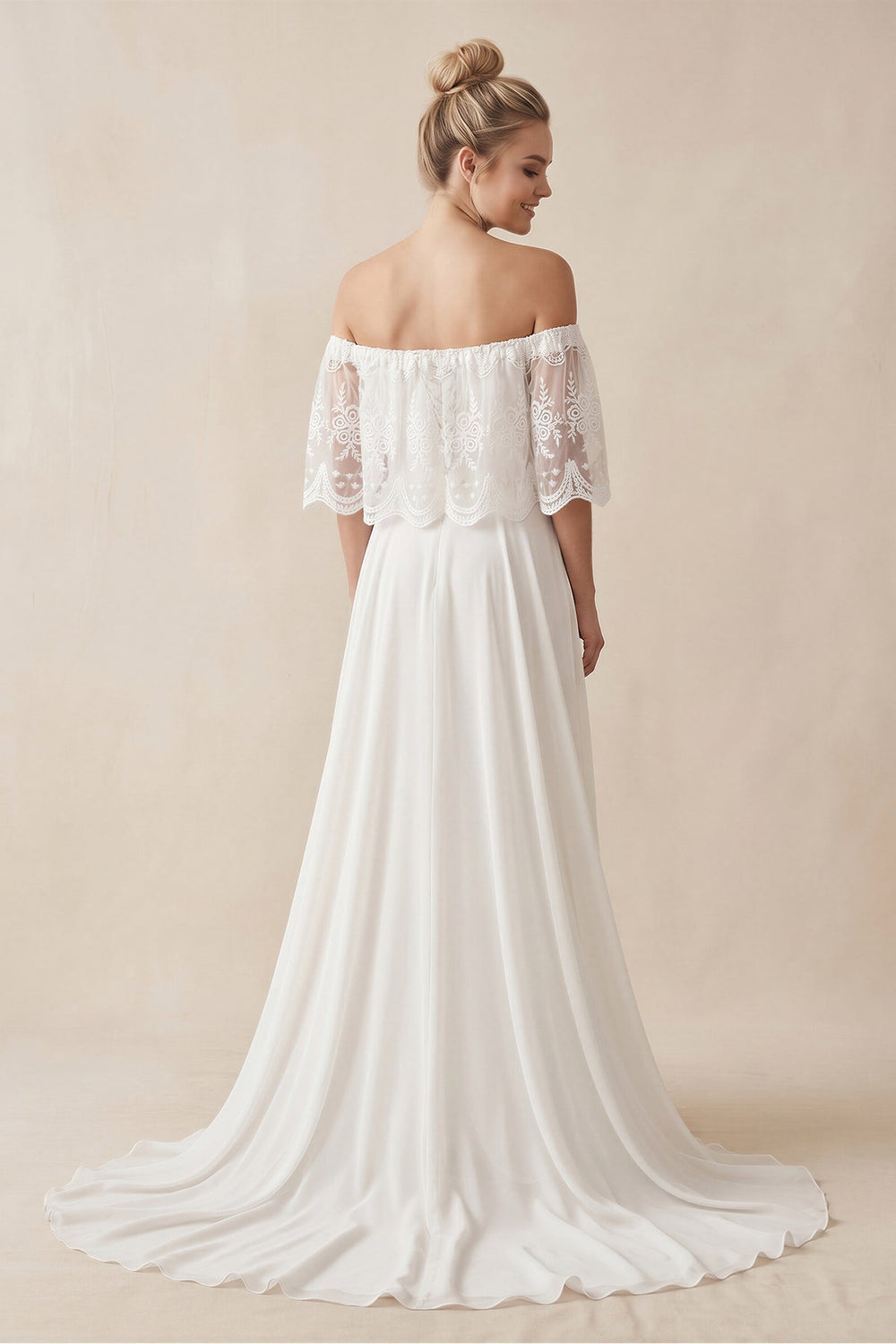 Off-the-Shoulder A-Line Chiffon Pleated Wedding Dress in White
