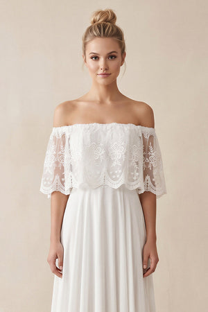 Off - the - Shoulder A - Line Chiffon Pleated Wedding Dress in White - KISS BRIDAL Wedding Dresses