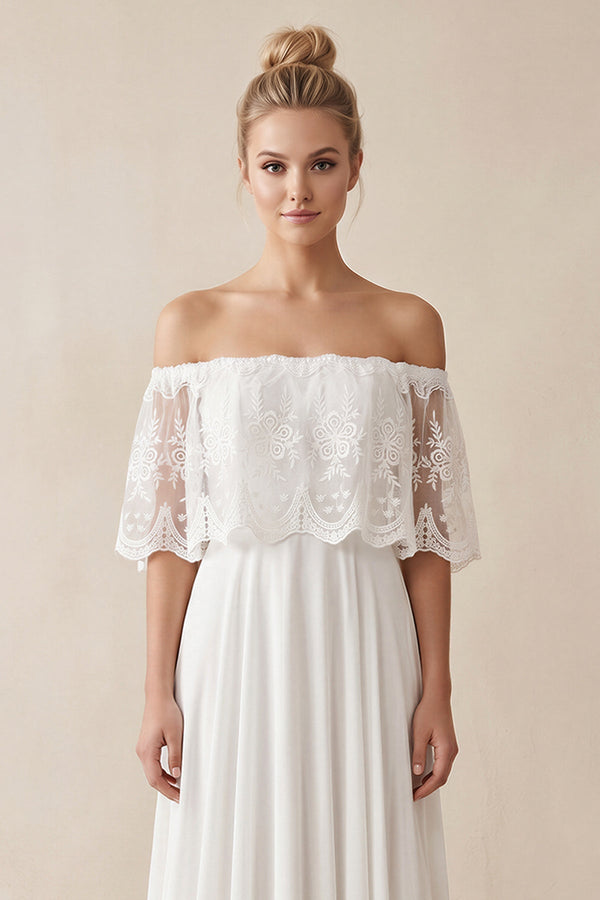 Off - the - Shoulder A - Line Chiffon Pleated Wedding Dress in White - KISS BRIDAL Wedding Dresses