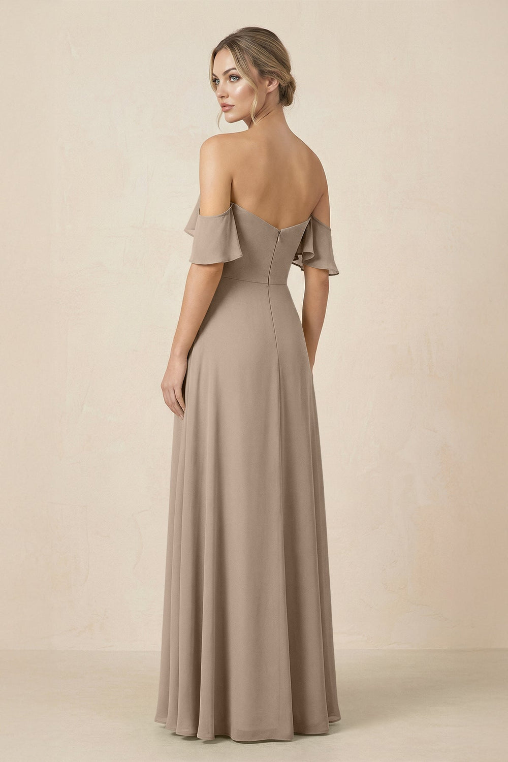 Off-the-Shoulder A-Line Chiffon Ruched Bridesmaid Dress in Almond