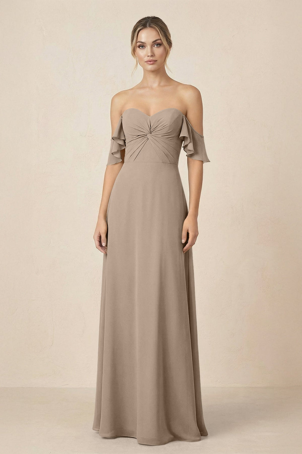 Off-the-Shoulder A-Line Chiffon Ruched Bridesmaid Dress in Almond