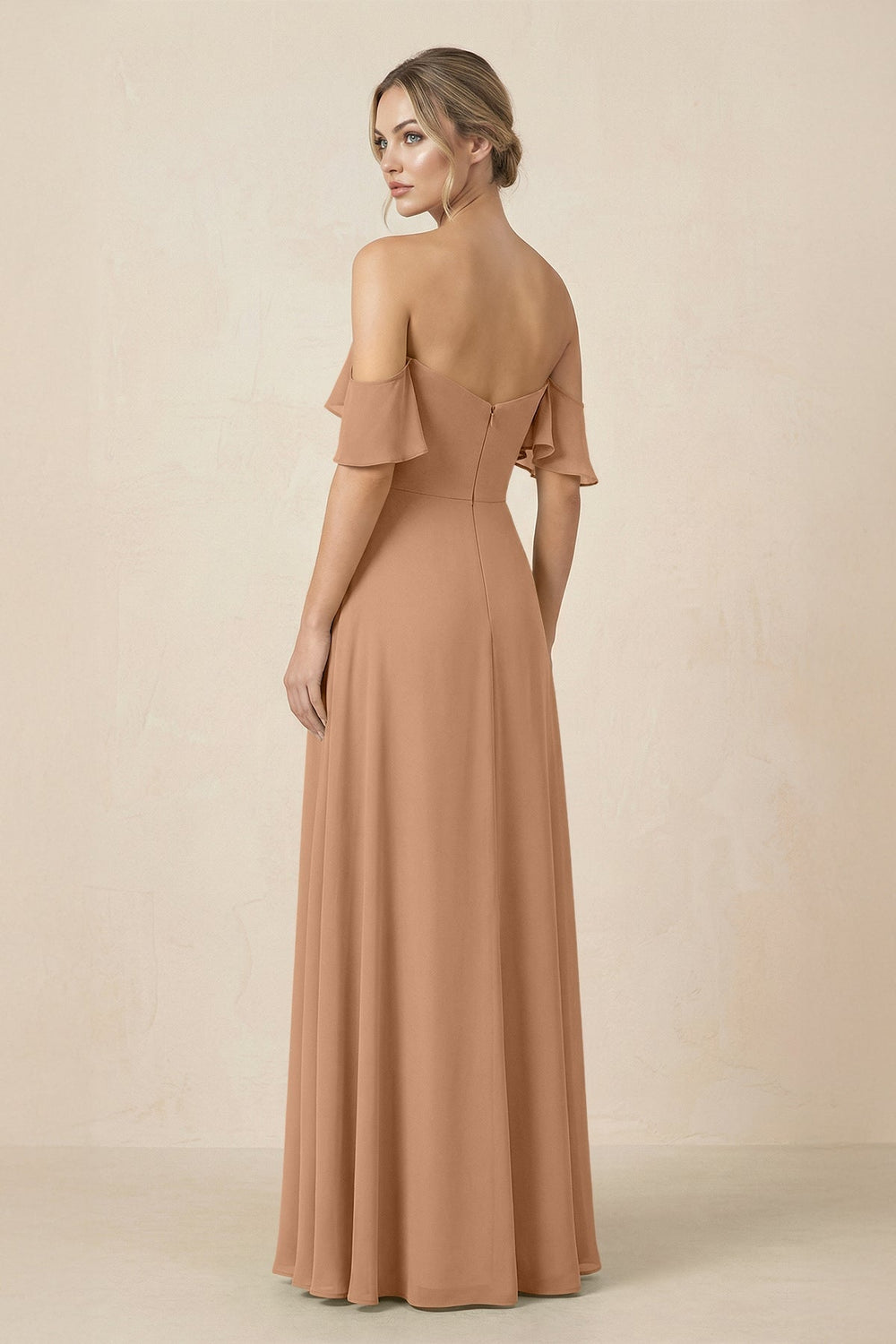 Off-the-Shoulder A-Line Chiffon Ruched Bridesmaid Dress in Bronzer