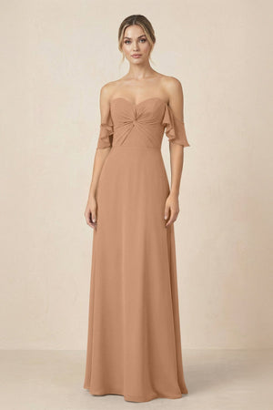 Off-the-Shoulder A-Line Chiffon Ruched Bridesmaid Dress in Bronzer - KISS BRIDAL BRIDESMAID DRESSES