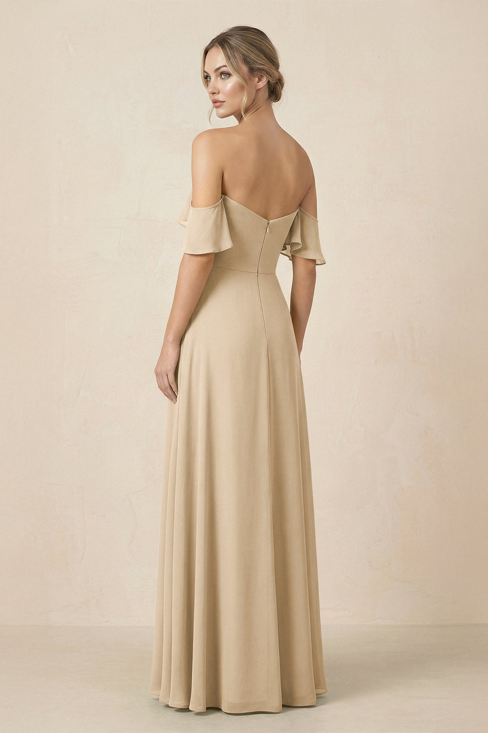 Off-the-Shoulder A-Line Chiffon Ruched Bridesmaid Dress in Champagne