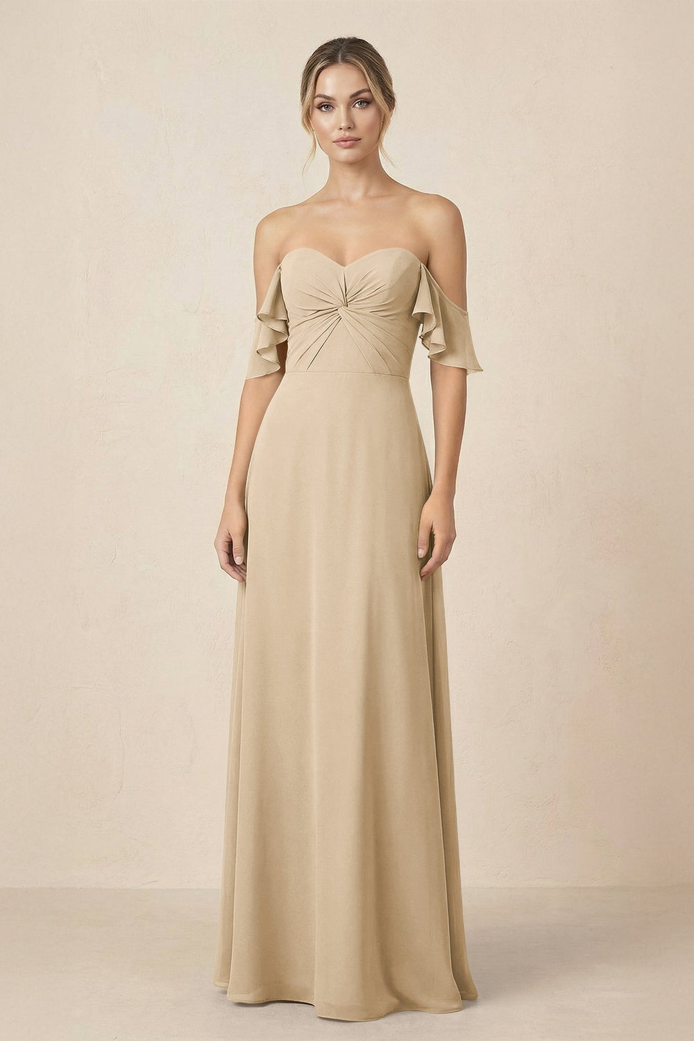 Off-the-Shoulder A-Line Chiffon Ruched Bridesmaid Dress in Champagne
