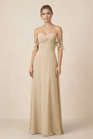 Off-the-Shoulder A-Line Chiffon Ruched Bridesmaid Dress in Champagne | KISSBRIDAL