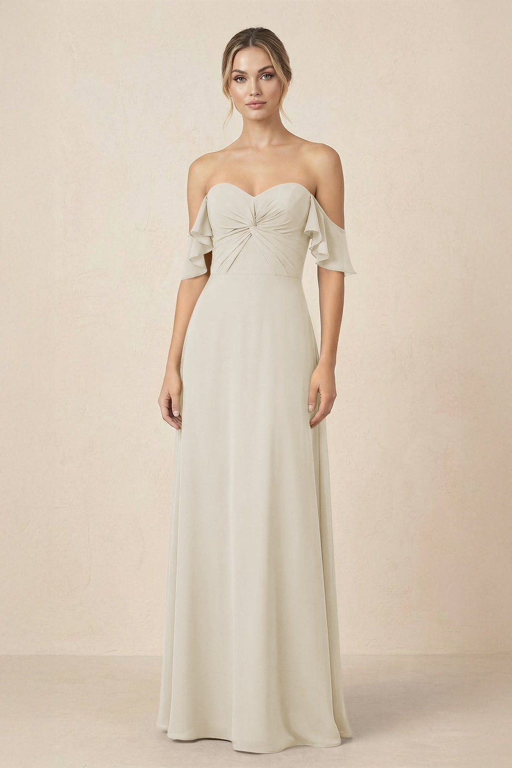 Off-the-Shoulder A-Line Chiffon Ruched Bridesmaid Dress in Dove Gray
