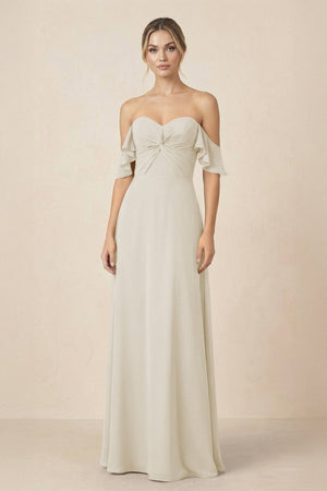 Off-the-Shoulder A-Line Chiffon Ruched Bridesmaid Dress in Dove Gray - KISS BRIDAL BRIDESMAID DRESSES