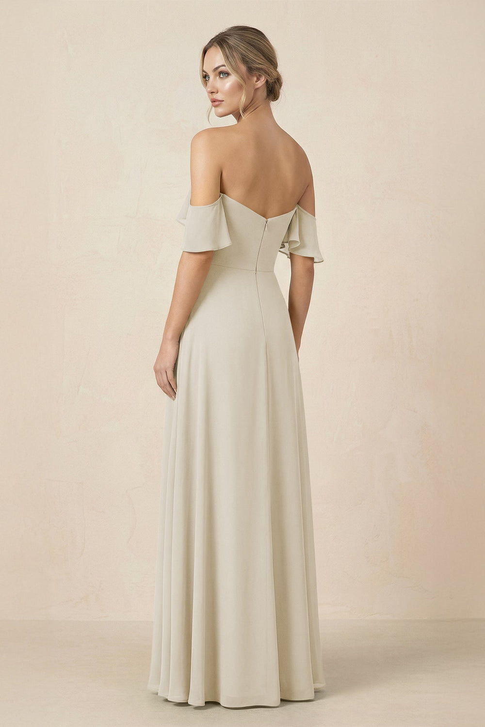 Off-the-Shoulder A-Line Chiffon Ruched Bridesmaid Dress in Dove Gray
