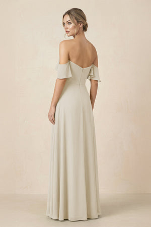 Off-the-Shoulder A-Line Chiffon Ruched Bridesmaid Dress in Dove Gray - KISS BRIDAL BRIDESMAID DRESSES