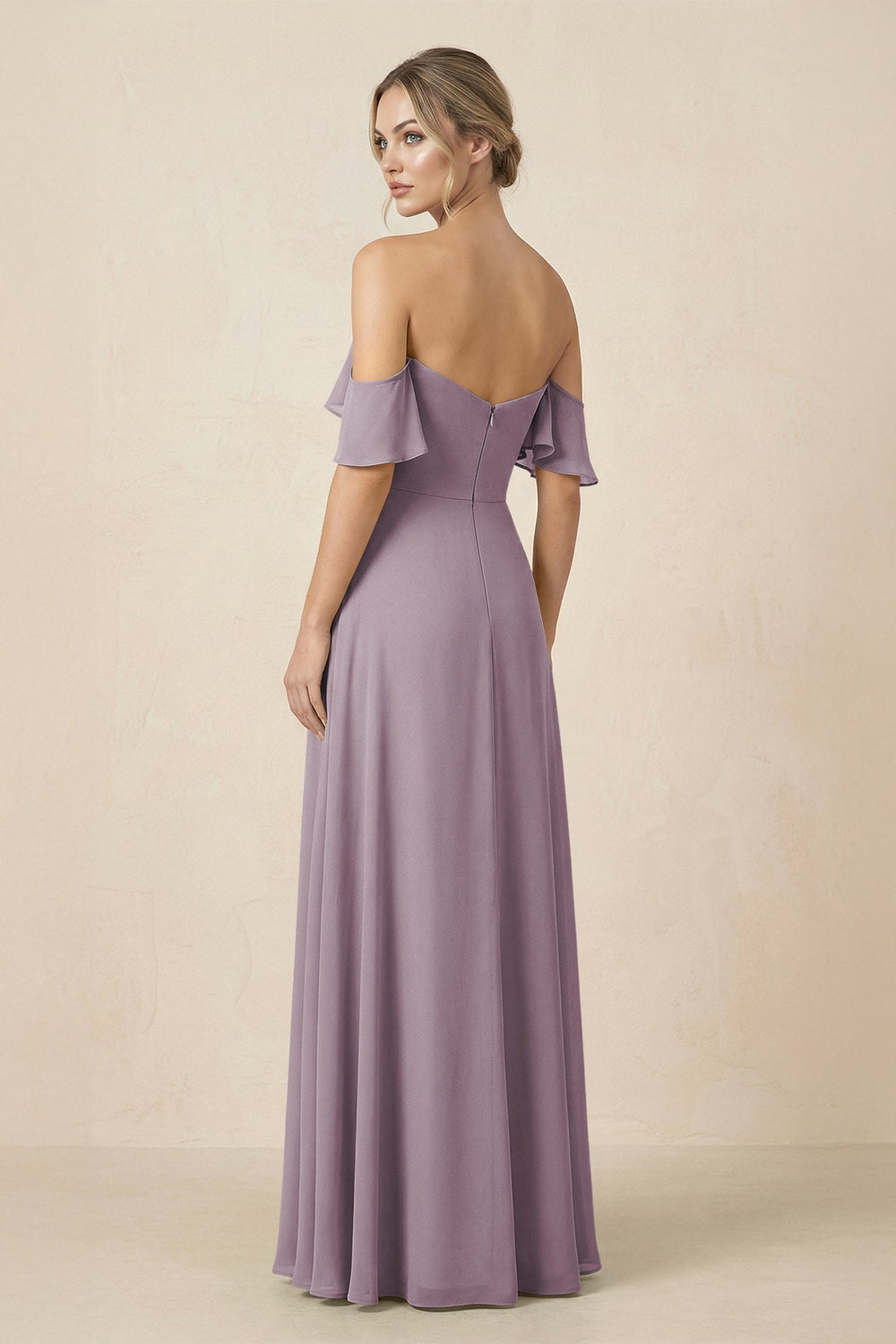 Off-the-Shoulder A-Line Chiffon Ruched Bridesmaid Dress in Dusk