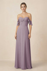 Off-the-Shoulder A-Line Chiffon Ruched Bridesmaid Dress in Dusk | KISSBRIDAL