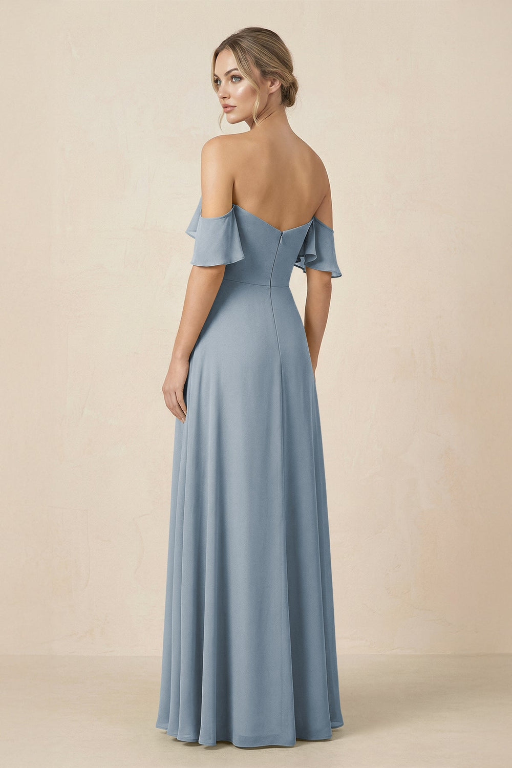 Off-the-Shoulder A-Line Chiffon Ruched Bridesmaid Dress in Dusty Blue