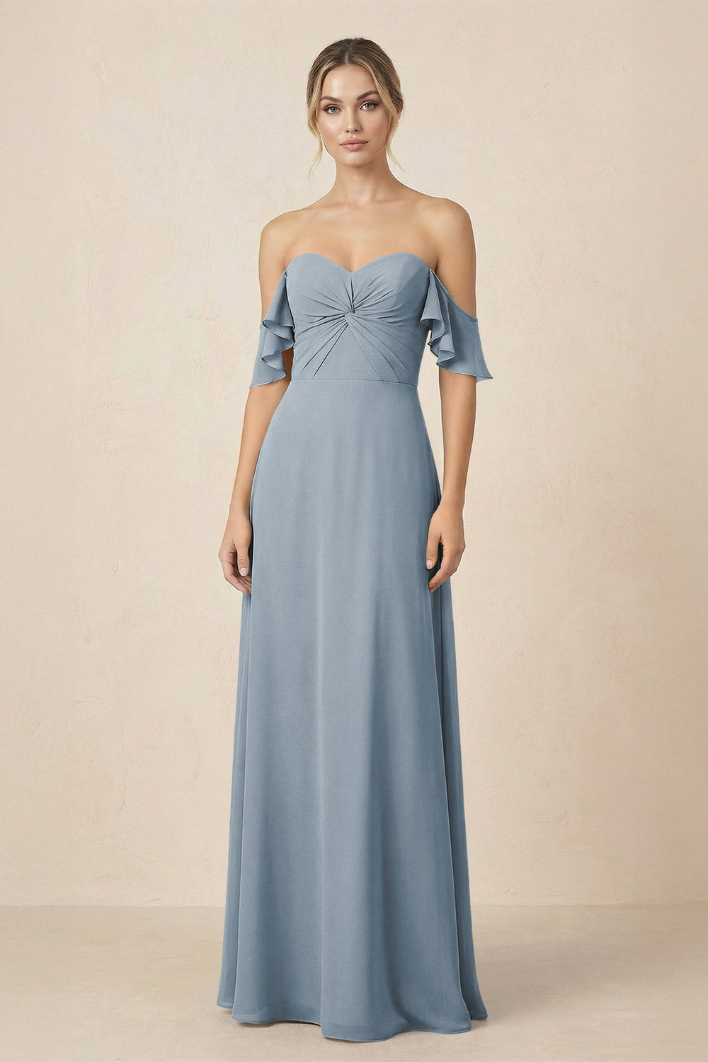 Off-the-Shoulder A-Line Chiffon Ruched Bridesmaid Dress in Dusty Blue