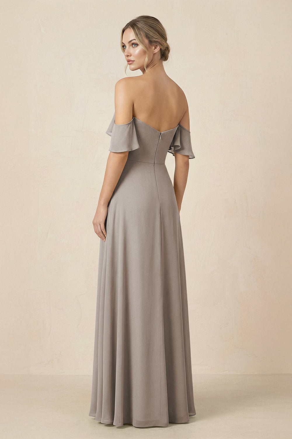 Off-the-Shoulder A-Line Chiffon Ruched Bridesmaid Dress in Frost