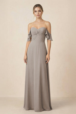 Off-the-Shoulder A-Line Chiffon Ruched Bridesmaid Dress in Frost | KISSBRIDAL