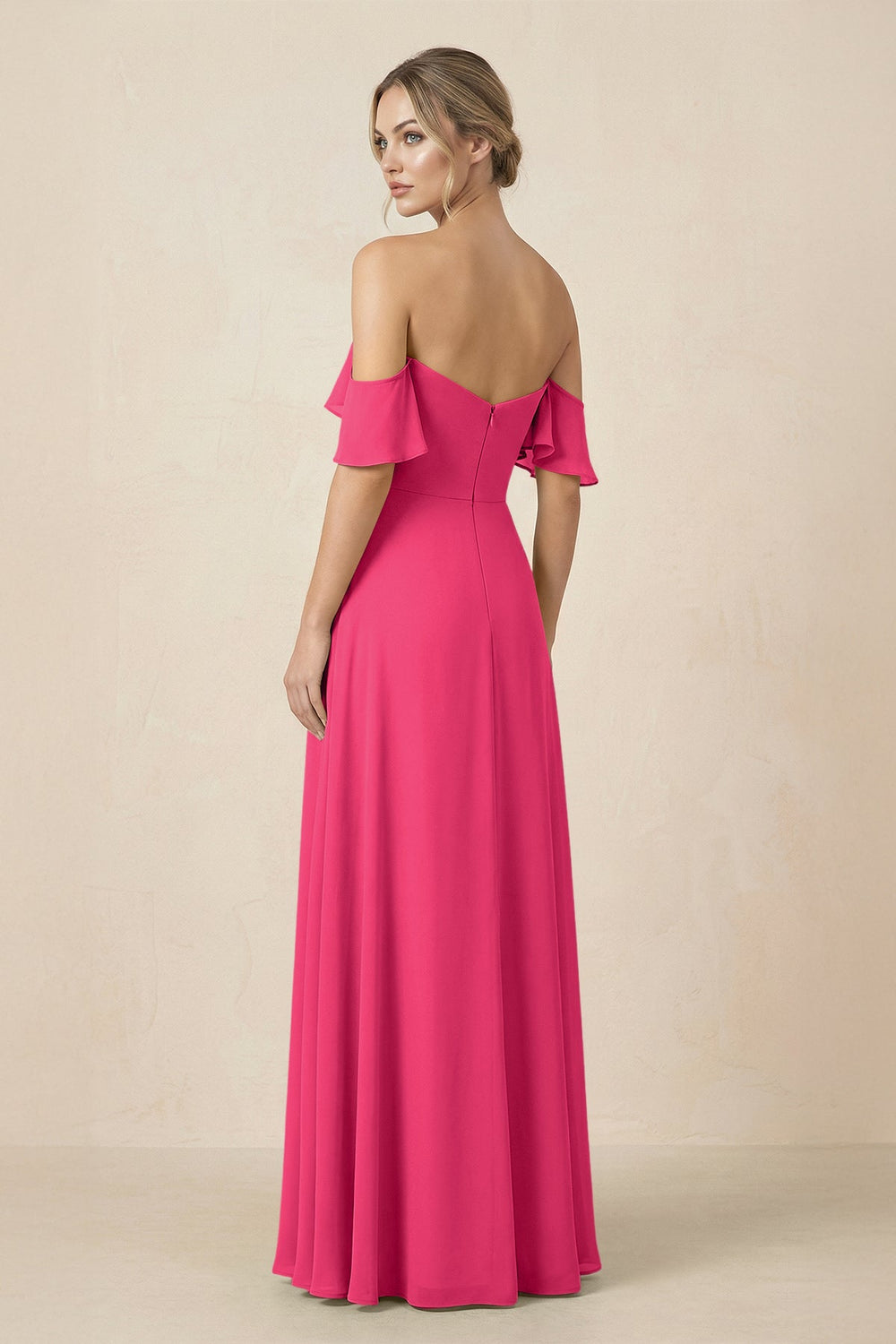 Off-the-Shoulder A-Line Chiffon Ruched Bridesmaid Dress in Fuchsia