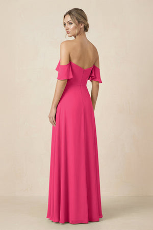 Off-the-Shoulder A-Line Chiffon Ruched Bridesmaid Dress in Fuchsia (2) | KISSBRIDAL