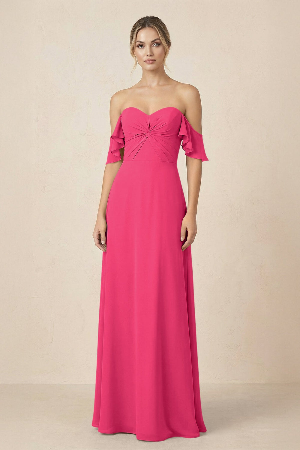 Off-the-Shoulder A-Line Chiffon Ruched Bridesmaid Dress in Fuchsia