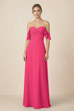 Off-the-Shoulder A-Line Chiffon Ruched Bridesmaid Dress in Fuchsia | KISSBRIDAL