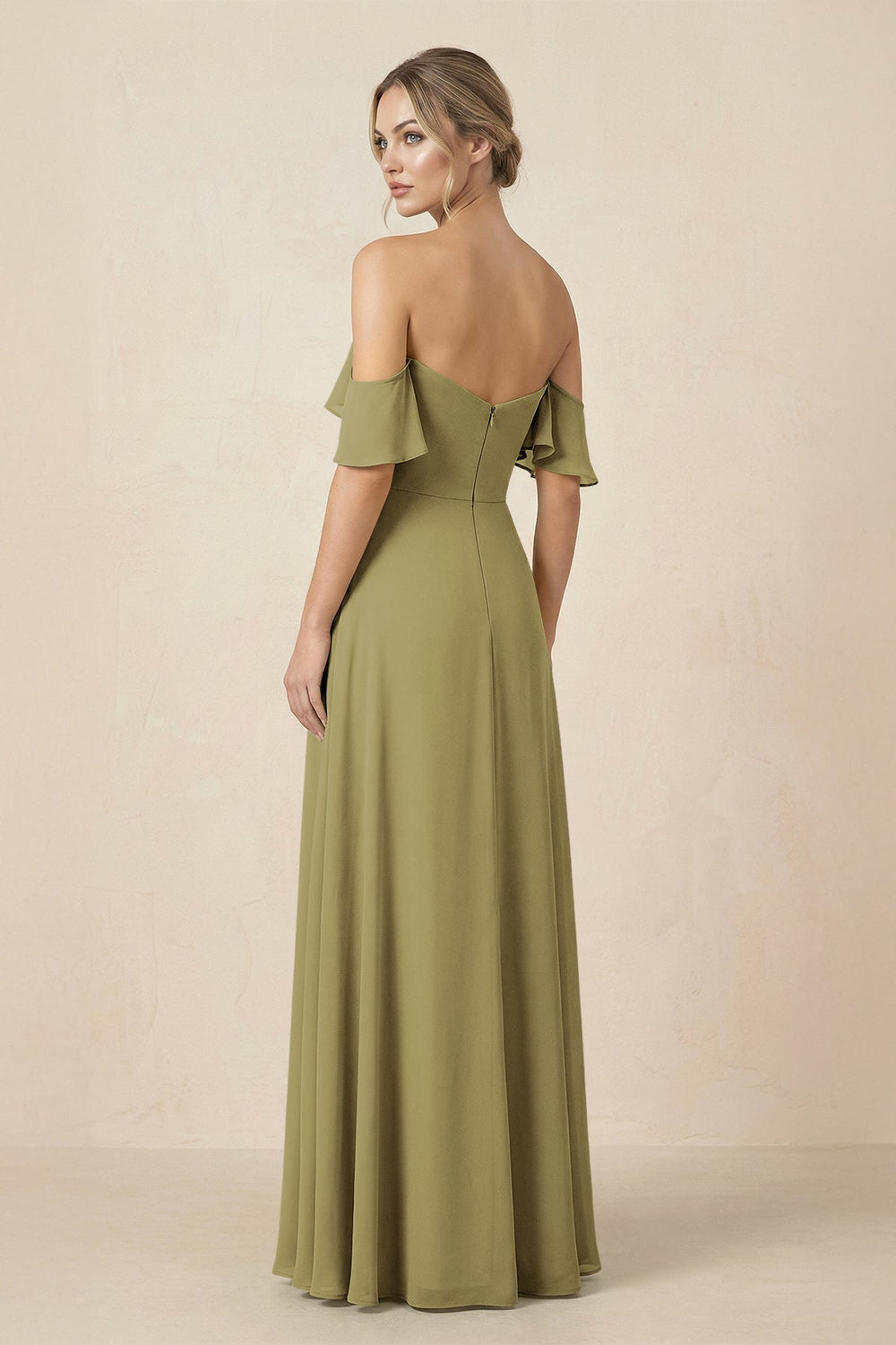 Off-the-Shoulder A-Line Chiffon Ruched Bridesmaid Dress in Moss Green