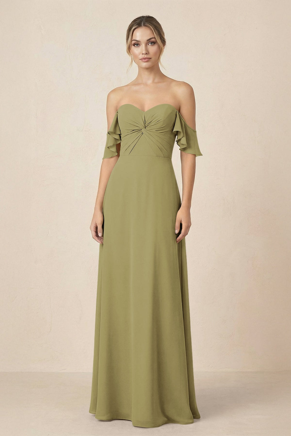 Off-the-Shoulder A-Line Chiffon Ruched Bridesmaid Dress in Moss Green