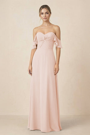 Off-the-Shoulder A-Line Chiffon Ruched Bridesmaid Dress in Pale Blush - KISS BRIDAL BRIDESMAID DRESSES