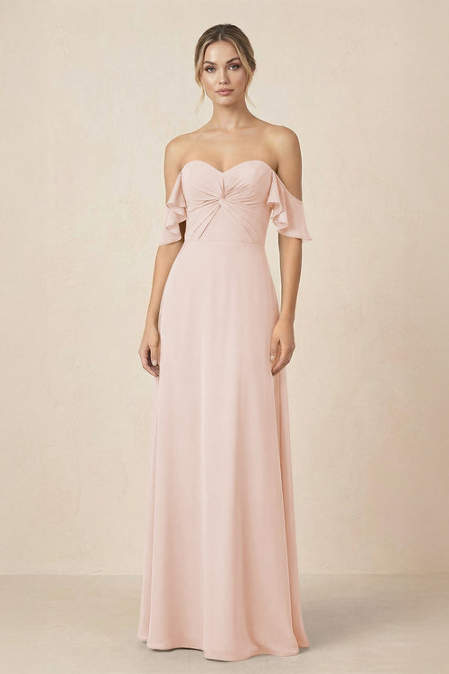 Off-the-Shoulder A-Line Chiffon Ruched Bridesmaid Dress in Pale Blush - KISS BRIDAL BRIDESMAID DRESSES