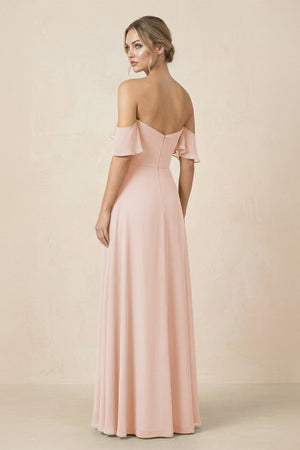 Off-the-Shoulder A-Line Chiffon Ruched Bridesmaid Dress in Pale Blush - KISS BRIDAL BRIDESMAID DRESSES