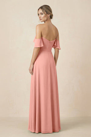 Off-the-Shoulder A-Line Chiffon Ruched Bridesmaid Dress in Rosette (2) | KISSBRIDAL