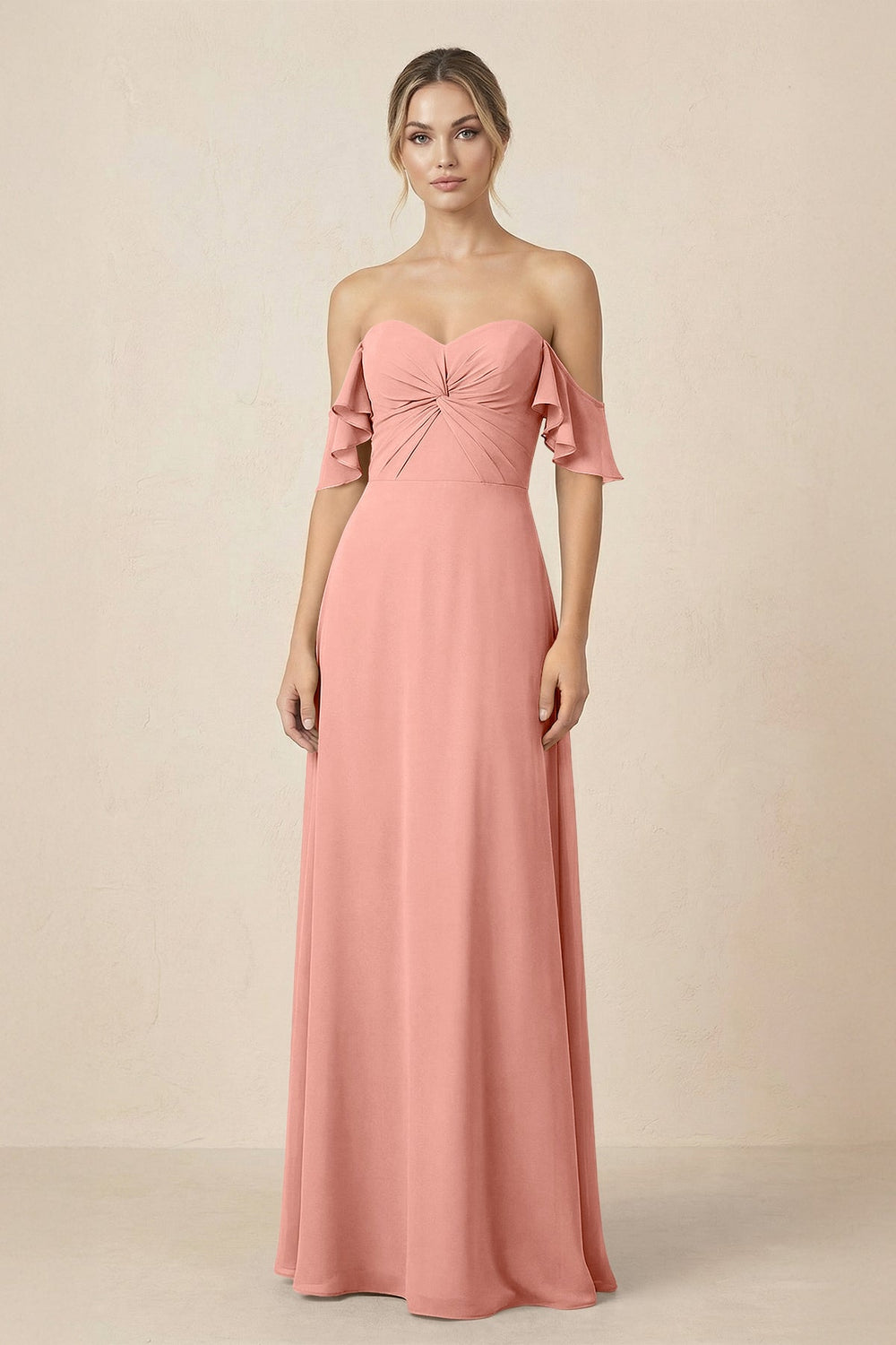 Off-the-Shoulder A-Line Chiffon Ruched Bridesmaid Dress in Rosette