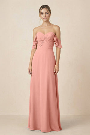Off-the-Shoulder A-Line Chiffon Ruched Bridesmaid Dress in Rosette | KISSBRIDAL