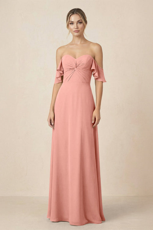 Off-the-Shoulder A-Line Chiffon Ruched Bridesmaid Dress in Rosette | KISSBRIDAL