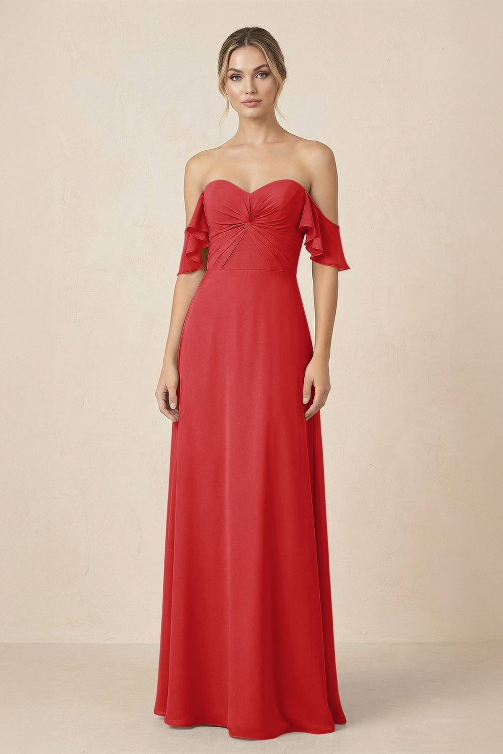 Off-the-Shoulder A-Line Chiffon Ruched Bridesmaid Dress in Ruby Red