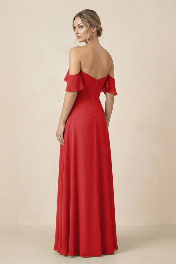 Off-the-Shoulder A-Line Chiffon Ruched Bridesmaid Dress in Ruby Red - KISS BRIDAL BRIDESMAID DRESSES