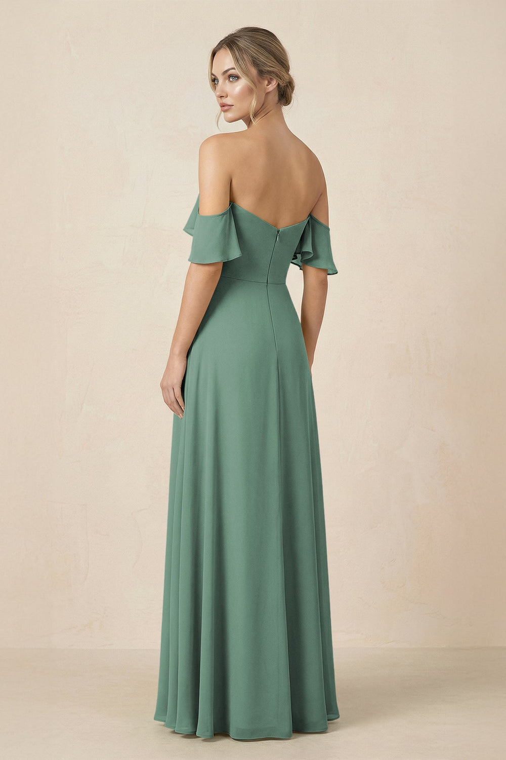 Off-the-Shoulder A-Line Chiffon Ruched Bridesmaid Dress in Sea Glass
