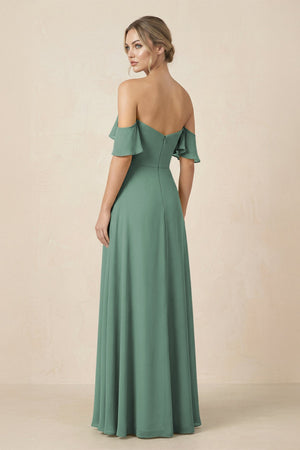 Off-the-Shoulder A-Line Chiffon Ruched Bridesmaid Dress in Sea Glass (2) | KISSBRIDAL