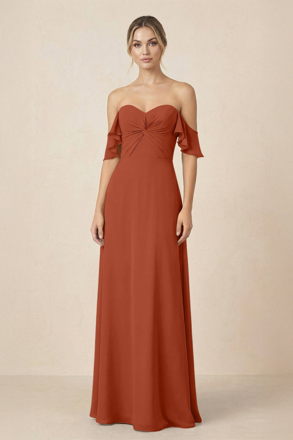 Off-the-Shoulder A-Line Chiffon Ruched Bridesmaid Dress in Spice