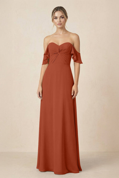 Off-the-Shoulder A-Line Chiffon Ruched Bridesmaid Dress in Spice - KISS BRIDAL BRIDESMAID DRESSES