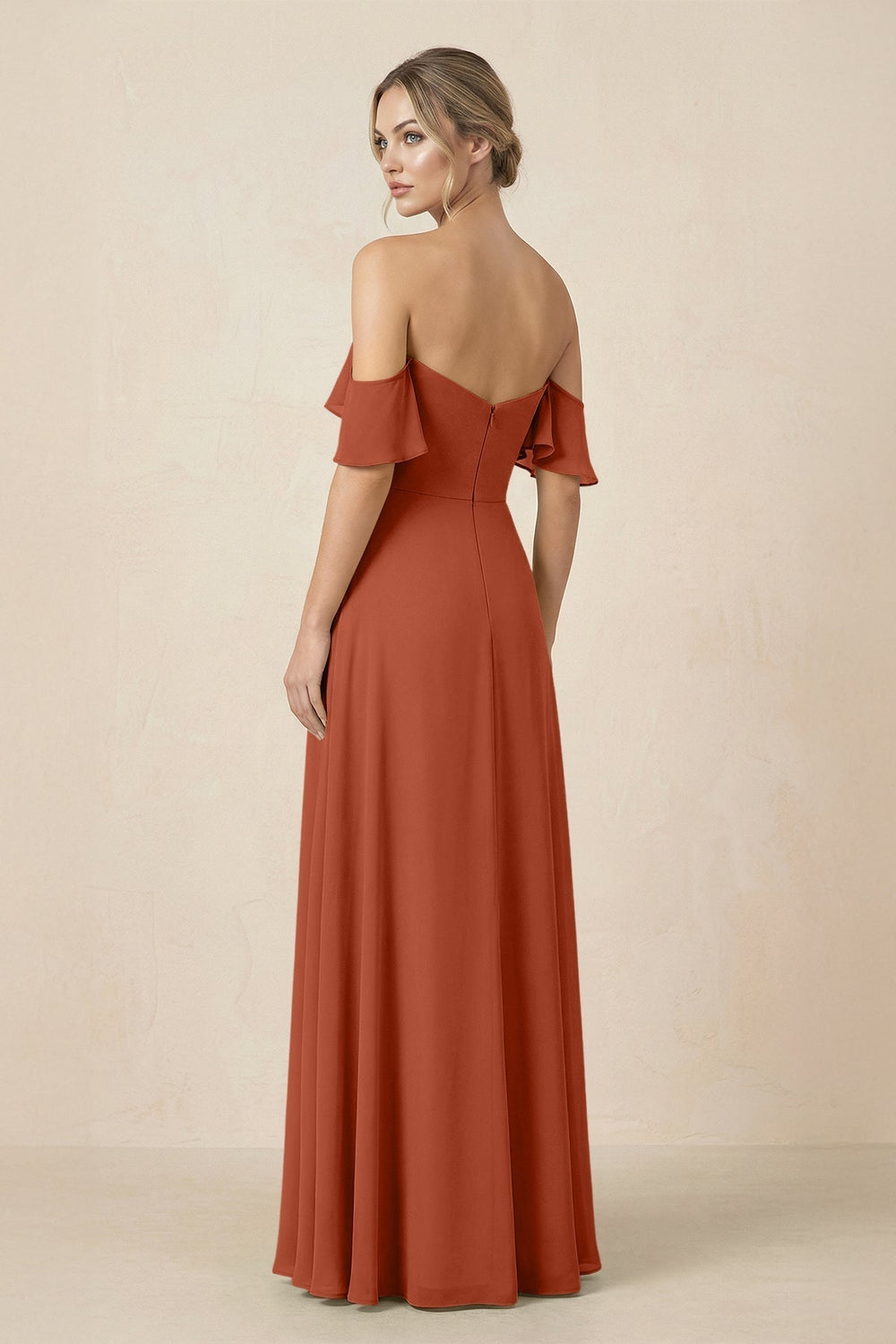 Off-the-Shoulder A-Line Chiffon Ruched Bridesmaid Dress in Spice